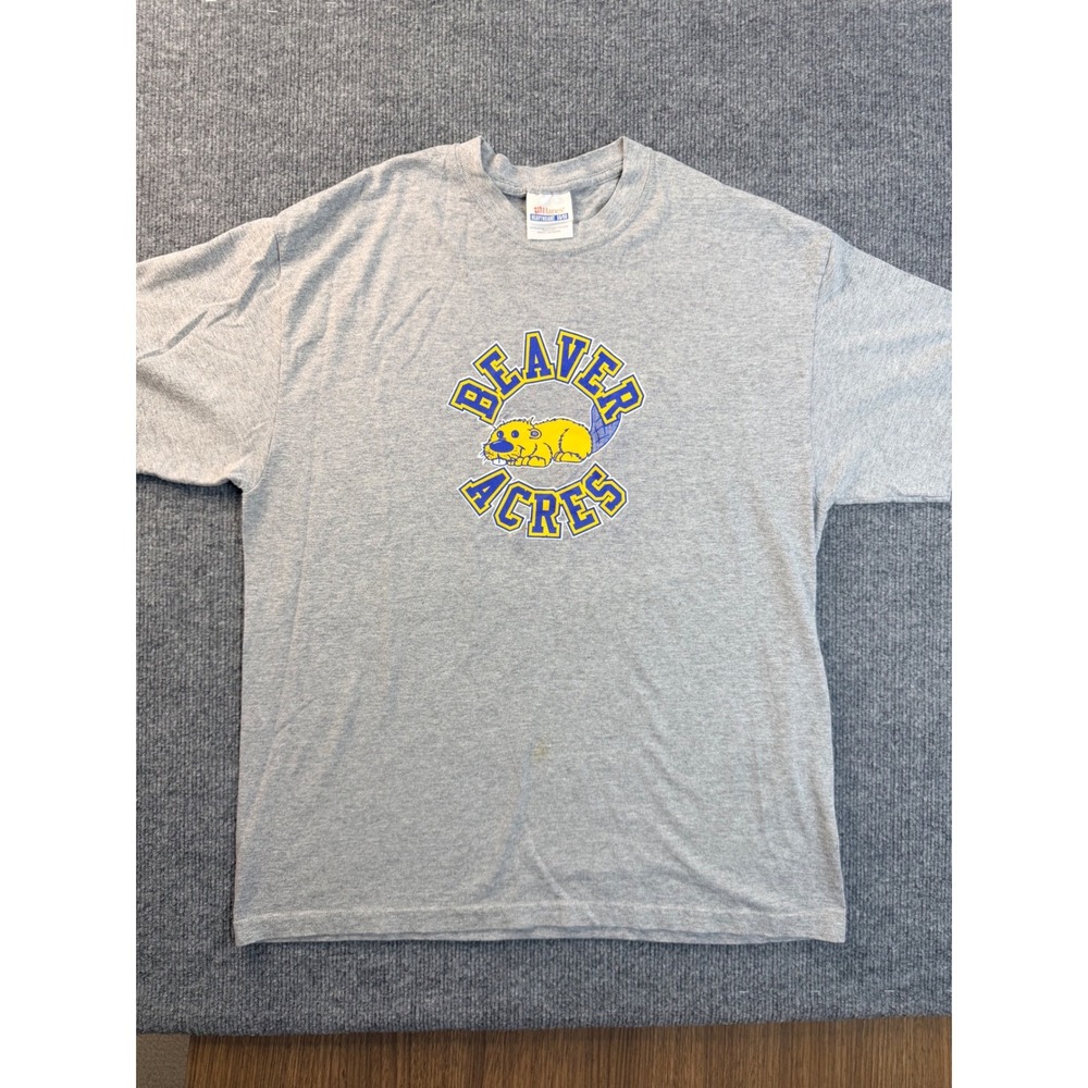 Vintage Hanes Beaver Acres T Shirt Mens Large Gray Cotton Blend Graphic Tee Y2K